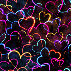 Neon colorful line hearts pattern on black background digital illustration