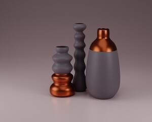 Vases compositions. Copper and concrete, abstract 3d render illustration