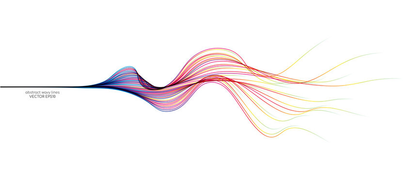 Vector abstract wavy lines flowing dynamic in colorful spectrum colors isolated on white background for concept of modern, technology, digital, communication, science, music.
