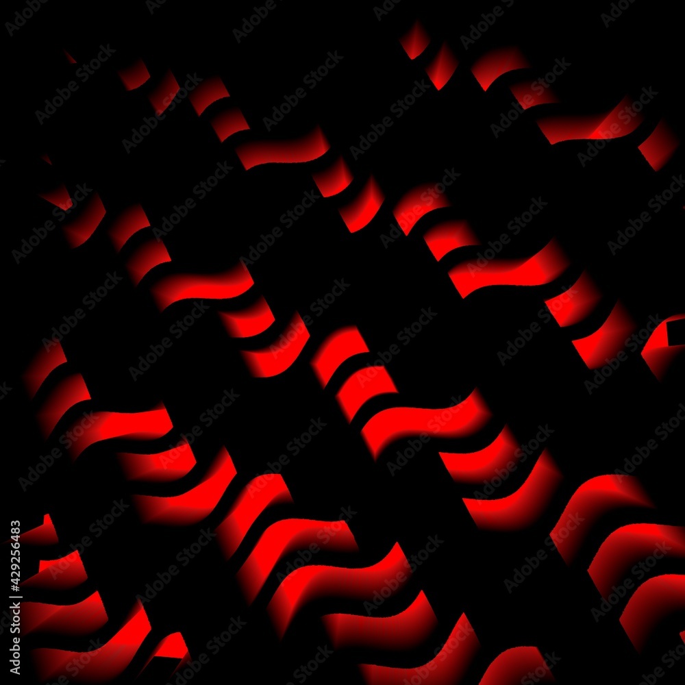 Poster 3d exploding surface view of many diagonal stripe shapes in very bright neon dark red colour on a bl