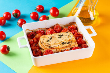 Baked feta pasta. Trending Feta bake pasta recipe made of cherry tomatoes, feta cheese, garlic and herbs on a colored background