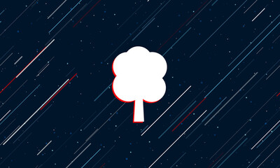 Large white tree symbol framed in red in the center. The effect of flying through the stars. Vector illustration on a dark blue background with stars and slanted lines