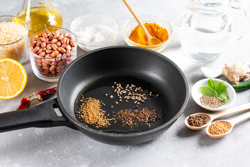 Preparation lemon rice traditional south Indian food. Chitranna or Indian lemon rice, a traditional south Indian breakfast. Step by step