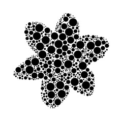 A large narcissus flower in the center made in pointillism style. The center symbol is filled with black circles of various sizes. Vector illustration on white background