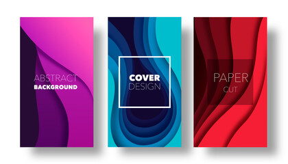 Set of modern banners with 3d paper cut, origami wavy backgrounds for web page or mobile apps. Trendy abstract composition
