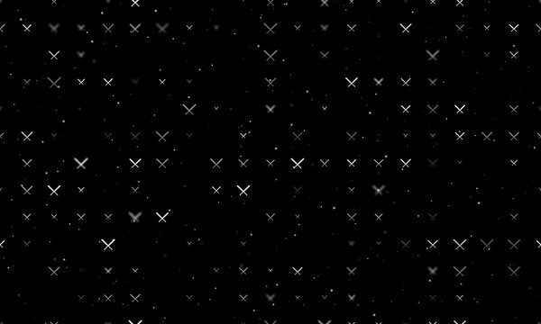 Seamless background pattern of evenly spaced white baseball bats symbols of different sizes and opacity. Vector illustration on black background with stars