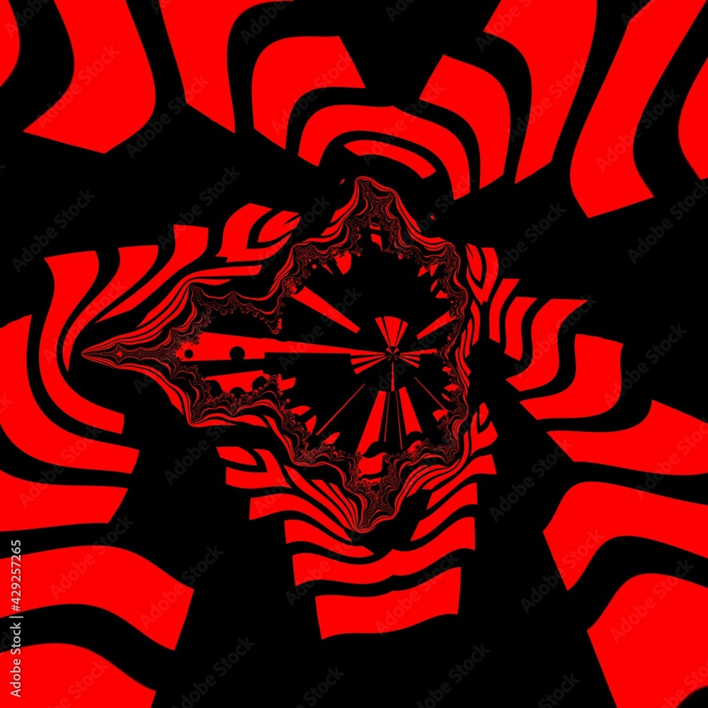 Poster intricate fractal design of many diagonal stripe shapes in very bright neon dark red colour on a bla