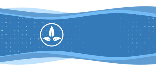 Blue wavy banner with a white ecology symbol on the left. On the background there are small white shapes, some are highlighted in red. There is an empty space for text on the right side