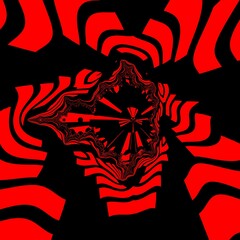 intricate fractal design of many diagonal stripe shapes in very bright neon dark red colour on a black background