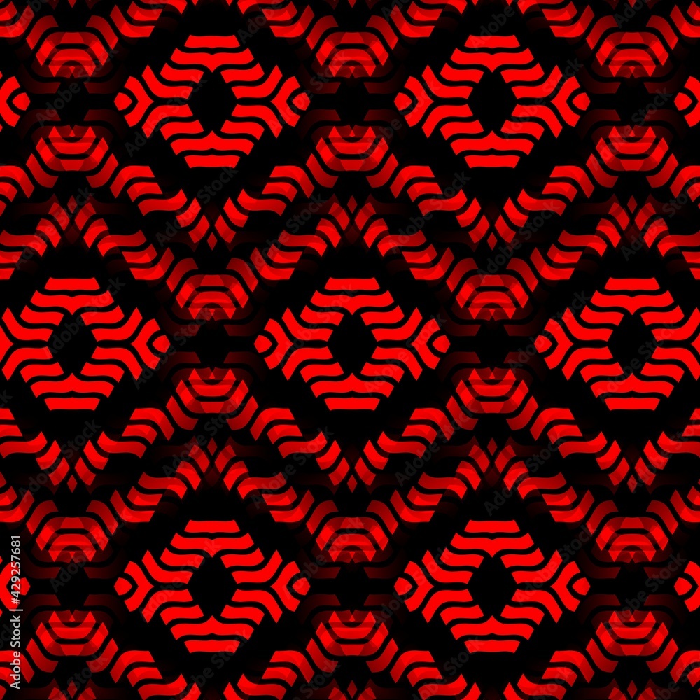 Poster repeating patterns and designs from many diagonal stripe shapes in very bright neon dark red colour 