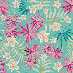 Fototapeta na wymiar Colourful Seamless Pattern with tropic flowers and leaves. Seamless tropical flower, plant and leaf pattern background. Hawaii jungle flowers....