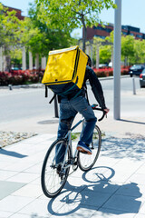 Courier delivering food with a yellow thermal backpack, riding a bicycle in the city. Food delivery...