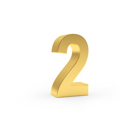 Number two is made of gold metal on a white background. 3d illustration 