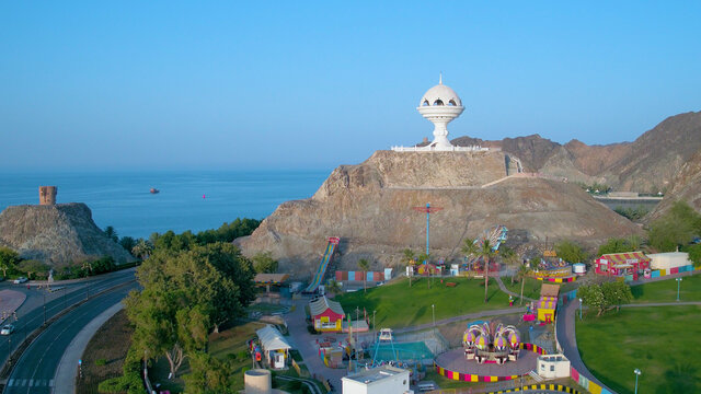 Aerial view of Al Riyam park with the giant incense burner at the corniche in Muscat. Oman