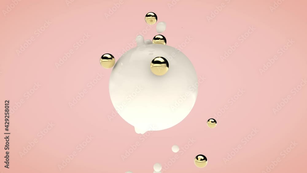 Poster loop 3d animation of a white sphere on a pink background. golden balls falling interact and push thr