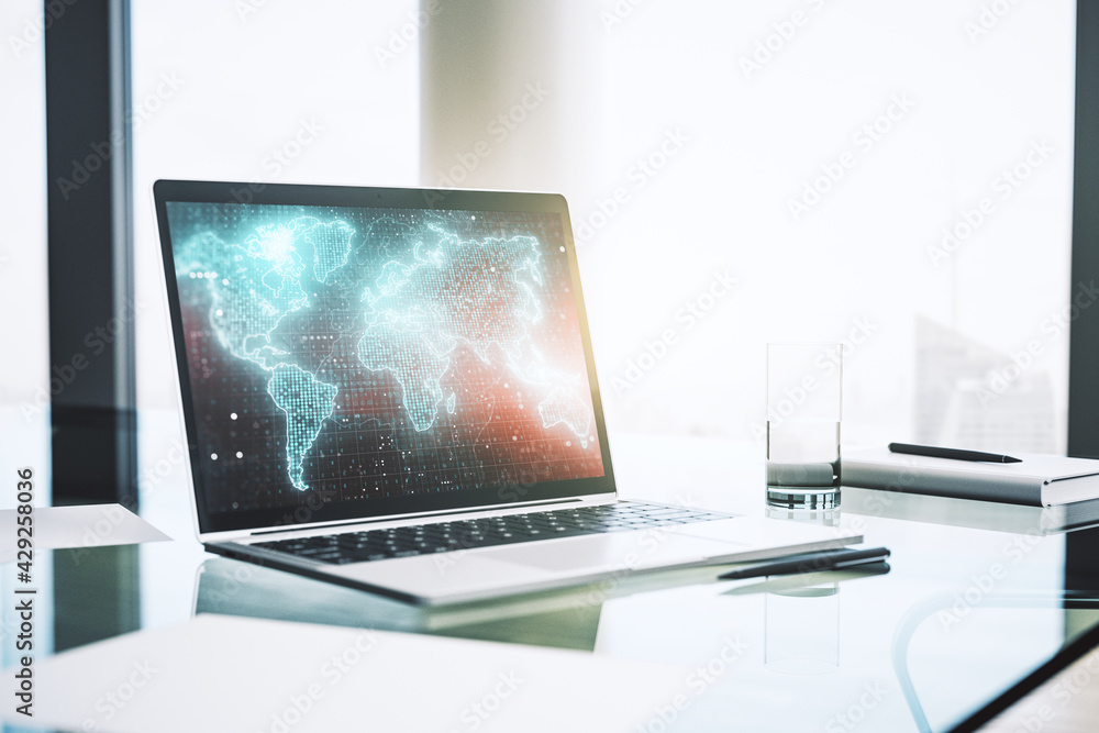 Aufkleber Abstract creative digital world map on modern laptop monitor, tourism and traveling concept. 3D Rendering
