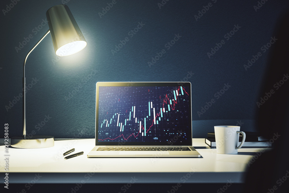 Poster abstract creative financial diagram on modern computer monitor, banking and accounting concept. 3d r