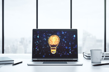 Creative idea concept with light bulb and human brain illustration on modern laptop screen. Neural networks and machine learning concept. 3D Rendering