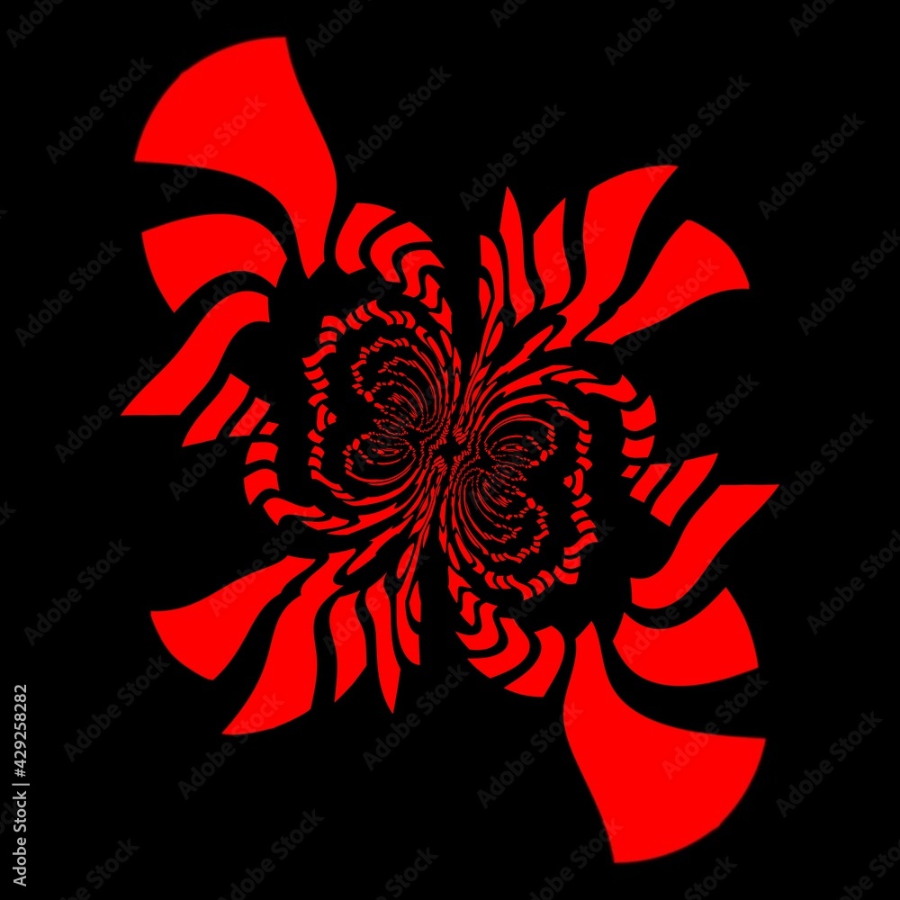 Poster 3d cyclone style design of many diagonal stripe shapes in very bright neon dark red colour on a blac