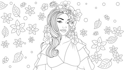 Vector illustration, beautiful girl wears a flower wreath in summer, flower background