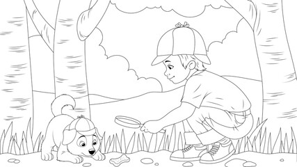 Vector graphics, a boy playing with a dog in the park in nature