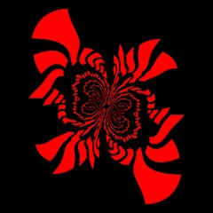 3d cyclone style design of many diagonal stripe shapes in very bright neon dark red colour on a black background