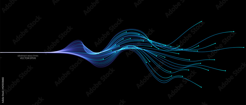 Leinwandbilder vector abstract light lines wavy flowing dynamic in blue green colors isolated on black background f