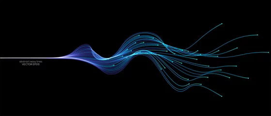Foto op Plexiglas Vector abstract light lines wavy flowing dynamic in blue green colors isolated on black background for concept of AI technology, digital, communication, 5G, science, music © korkeng
