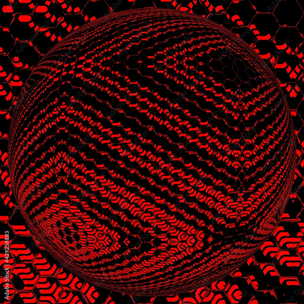 Aufkleber 3d hexagonal mosaic onto spherical surface design of many diagonal stripe shapes in very bright neon