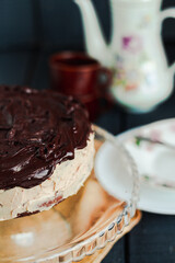 Delicious homemade dessert / Rich Dark Chocolate Cake / Moist, creamy and bitter chocolate taste. Best eaten fresh or refrigerated. Sweets for birthday concept