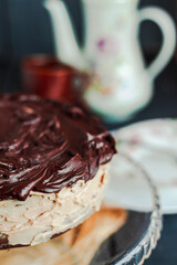 Delicious homemade dessert / Rich Dark Chocolate Cake / Moist, creamy and bitter chocolate taste. Best eaten fresh or refrigerated. Sweets for birthday concept