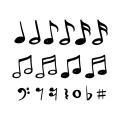 Music notes hand drawn vector design isolated on white background. Set of music notes icon design in doodle style