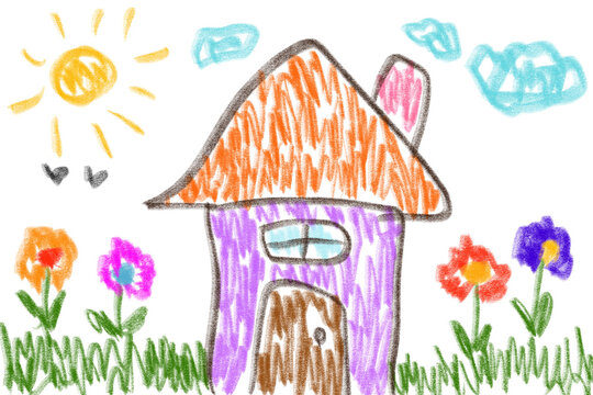 Children painting house flower sun clouds colorful cute