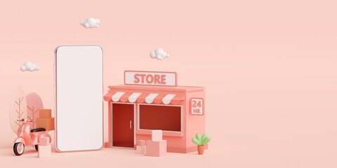 E-commerce concept, Convenience store shopping online and delivery service on mobile application, 3d illustration