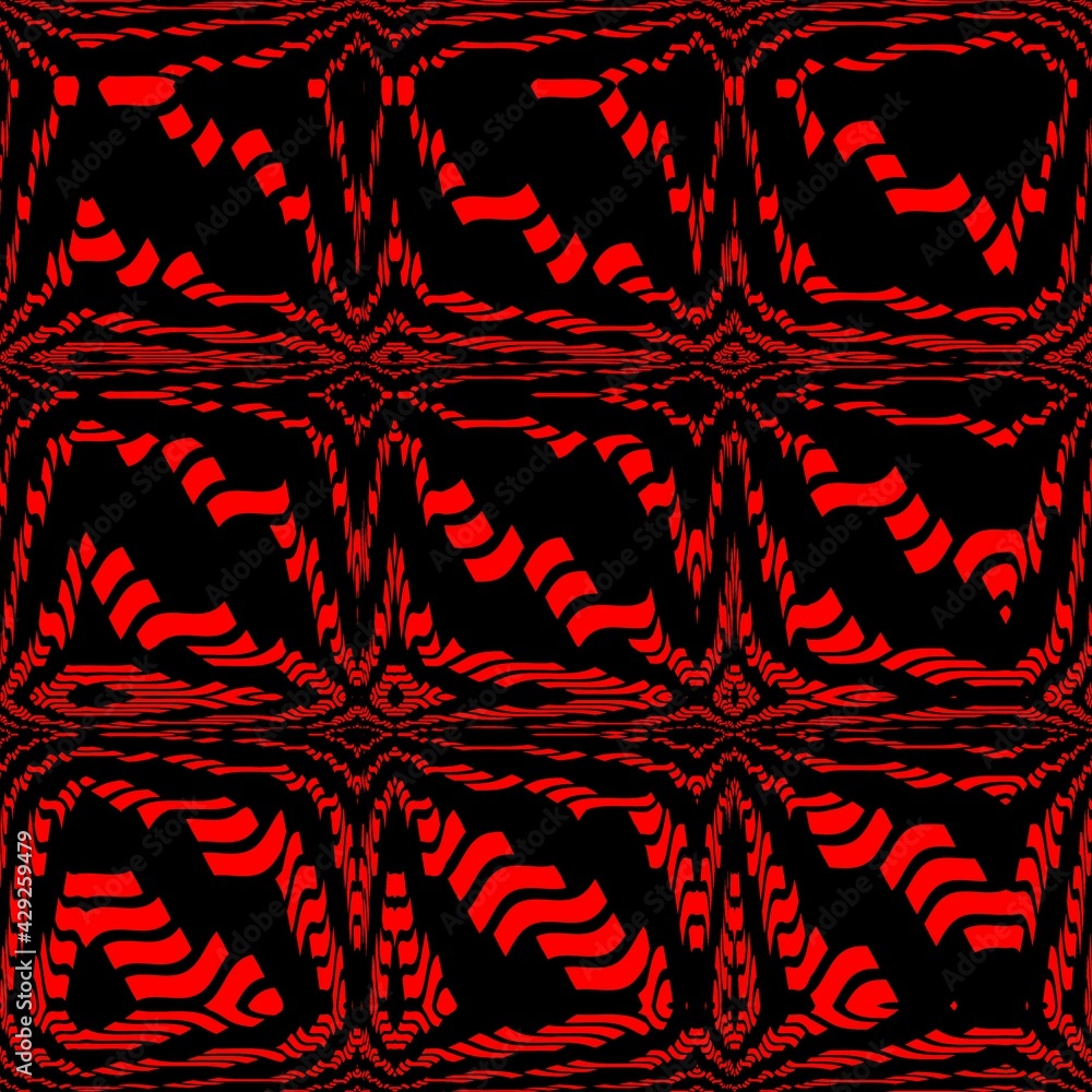 Poster 3d ice cube style design of many diagonal stripe shapes in very bright neon dark red colour on a bla