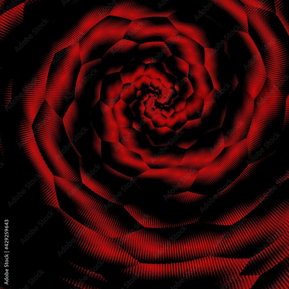 Poster spiraling design to vanishing point from many diagonal stripe shapes in very bright neon dark red co