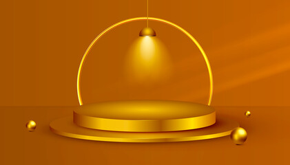 3d golden podium or stage with a spotlight on a gold background, the first place, fame and popularity. Vector illustration for product presentation, showcase, promotion, sale.