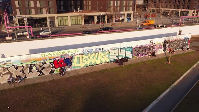 The remains of the Berlin Wall at East Side Gallery. Amazing drone footage