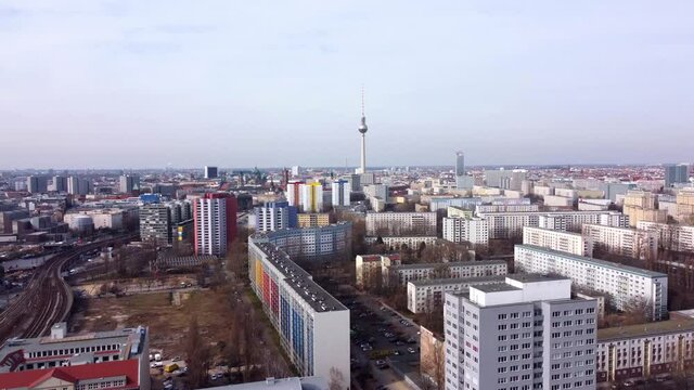 Typical aerial view over the city of Berlin with TV tower. Amazing drone footage