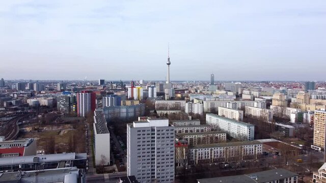 Typical aerial view over the city of Berlin with TV tower. Amazing drone footage