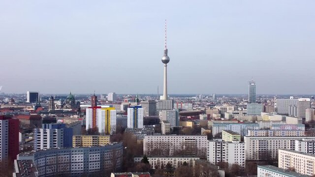 Typical aerial view over the city of Berlin with TV tower. Amazing drone footage
