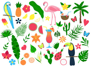 Colorful set of summer tropical elements. Leaves and flowers, fruits, cocktails, birds. Set of stickers, print. Vector illustration