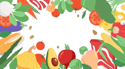 Illustration in flat style with vegetables background. Healthy diet concept. Balanced nutrition, dietetic or organic products, online nutrition.