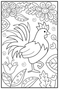 Cock and plants, flowers. Hand drawn coloring for kids and adults. Beautiful simple drawings with patterns. Coloring book pictures with animals. Vector