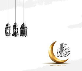 Ramadan vector design with calligraphy, black lantern and moon golden color isolated on white background