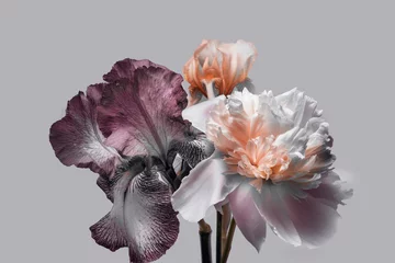 Tuinposter Peony and iris on a gray background, flower arrangement. © Illya
