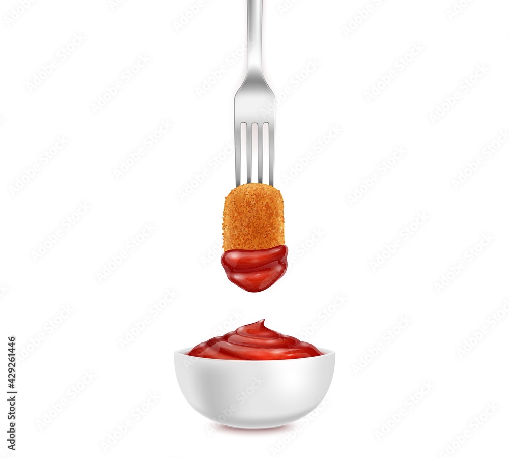Poster realistic detailed 3d fork with chicken nugget and ketchup bowl. vector