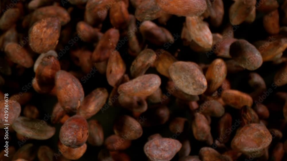 Poster Super slow motion of exploding roasted cocoa beans up in the air with speed ramp effect. Filmed on high speed cinema camera, 1000fps.