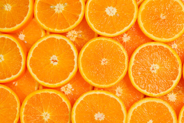 Slices of oranges as a background, top view.
