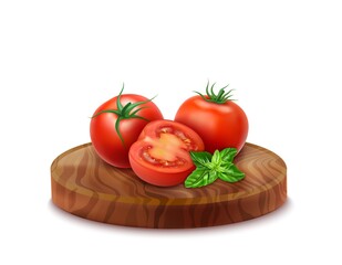 Realistic Detailed 3d Tomato and Basil Leaves on a Round Wooden Board. Vector